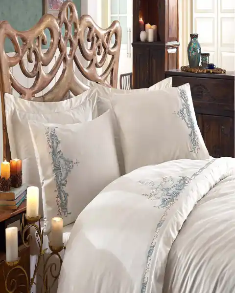 Dantela Vita, Lenjerie de pat 2 persoane, cu broderie, bumbac satinat, 6 piese, bej, Olivia Bestseller