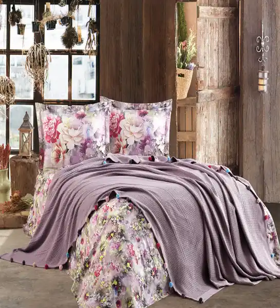 Set cuvertura de pat si lenjerie, mov, 4 piese, bumbac, Violet Premium