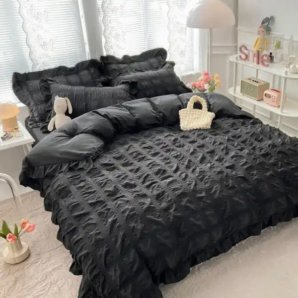 Lenjerie de pat creponata, 100% bumbac, 2 persoane, 6 piese, negru, CRJ-10 Ofertă