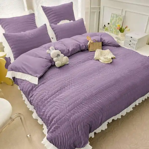 Lenjerie de pat creponata, 100% bumbac, 2 persoane, mov, 6 piese, CRJ-14 Doar azi