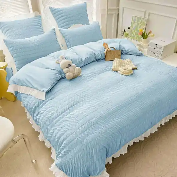 Lenjerie de pat creponata, 100% bumbac, pat 2 persoane, bleu, 6 piese, CRJ-19 Chilipir