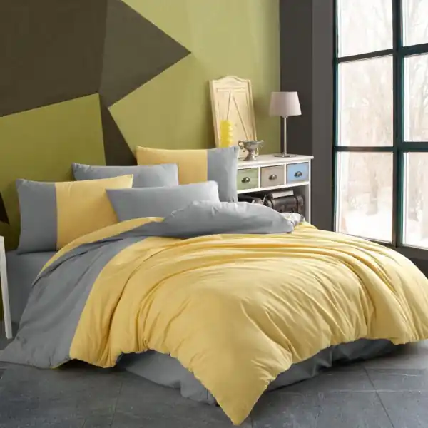 Vezi acum Lenjerie de pat, 100% bumbac, tesatura poplin, pat 2 persoane, 6 piese, gri / galben, Diamond Uni, HBP-98