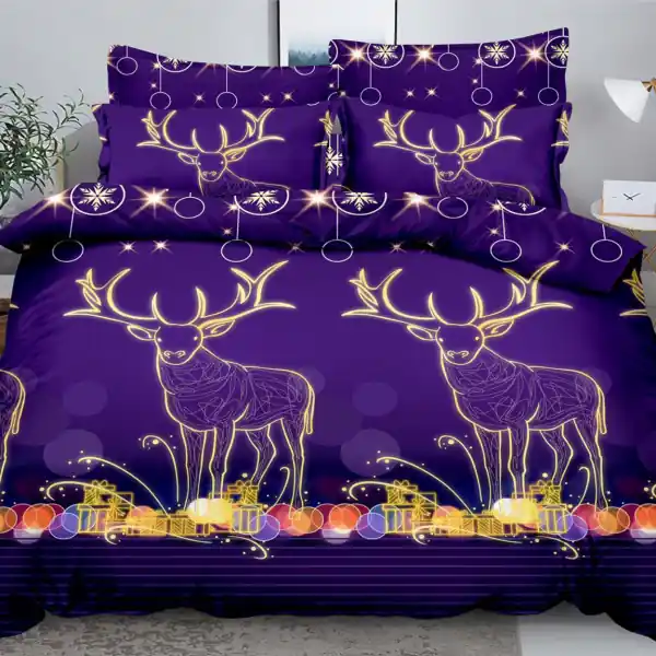 Calitate înaltă Lenjerie de pat Mos Craciun, tesatura tip finet, pat 2 persoane, auriu / mov, 6 piese, FNQ-44