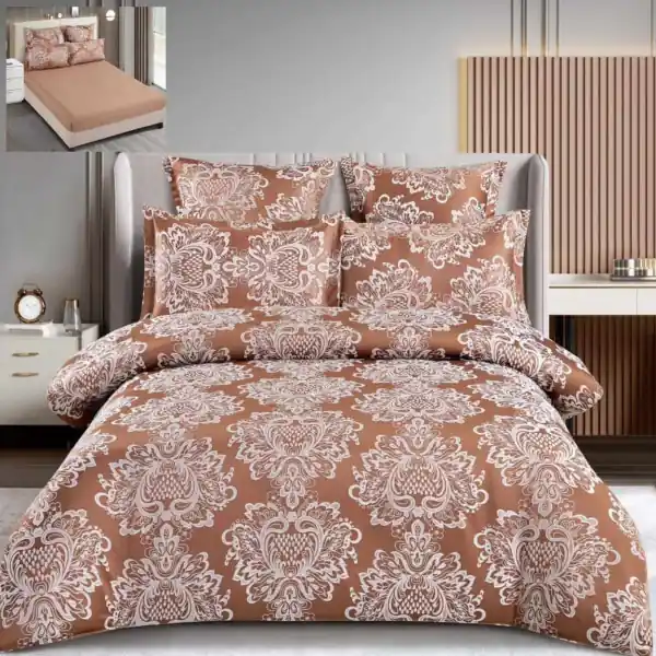 Cel mai bun preț Set lenjerie de pat cu elastic, bumbac tip jacquard, 6 piese, pat 2 persoane, maro, T3-10