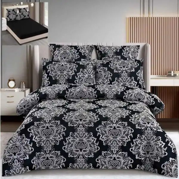 Vezi acum Set lenjerie de pat cu elastic, bumbac tip jacquard, 6 piese, pat 2 persoane, negru, T3-13