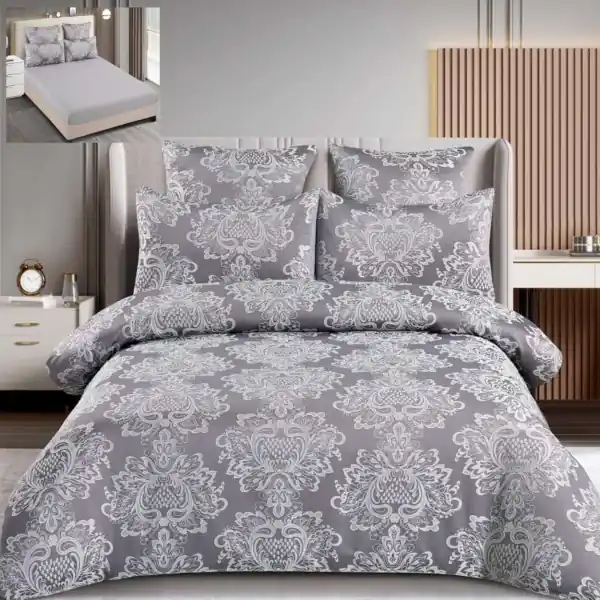 Bestseller Set lenjerie de pat cu elastic, bumbac tip jacquard, 6 piese, pat 2 persoane, gri, T3-14