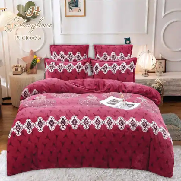 Discount Lenjerie pufoasa cocolino cu 2 fete, pat 2 persoane, 6 piese, rosu, LJ-F09
