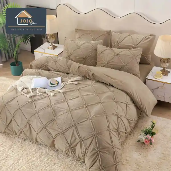 Lenjerie de pat din catifea, cu pliuri, 4 piese, pat 2 persoane, bej, LCPJ-09 Premium