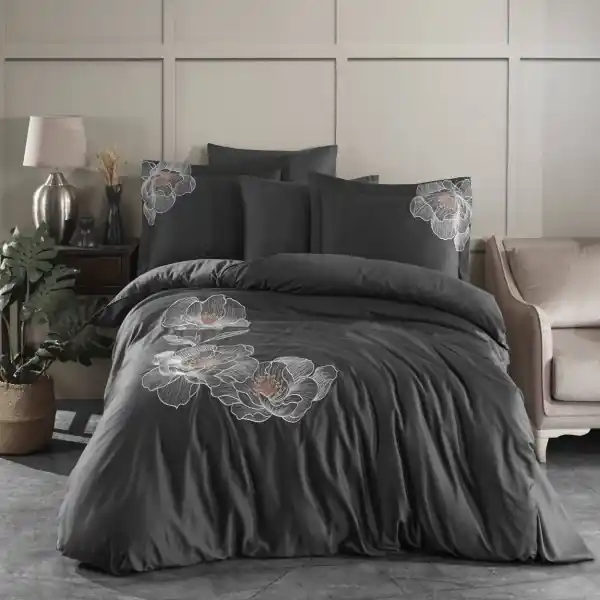 Ieftin Lenjerie de pat cu broderie, bumbac 100%, pat 2 persoane, 6 piese, antracit, Calista