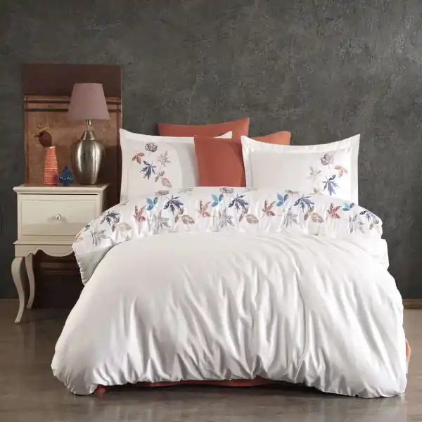 Lenjerie de pat cu broderie, bumbac 100%, pat 2 persoane, 6 piese, alb, Hazan Disponibil imediat