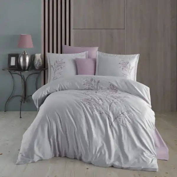Plată securizată Lenjerie de pat cu broderie, bumbac 100%, pat 2 persoane, 6 piese, gri, Blesk