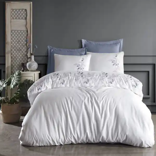 Dantela Vita, Lenjerie de pat 2 persoane, cu broderie, bumbac satinat, 6 piese, alb / albastru, Efra Plată securizată