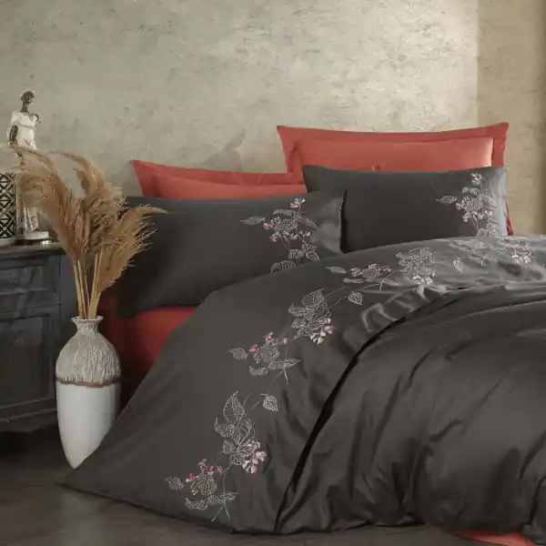 Dantela Vita, Lenjerie de pat 2 persoane, cu broderie, bumbac satinat, 6 piese, gri inchis, Efra Reducere