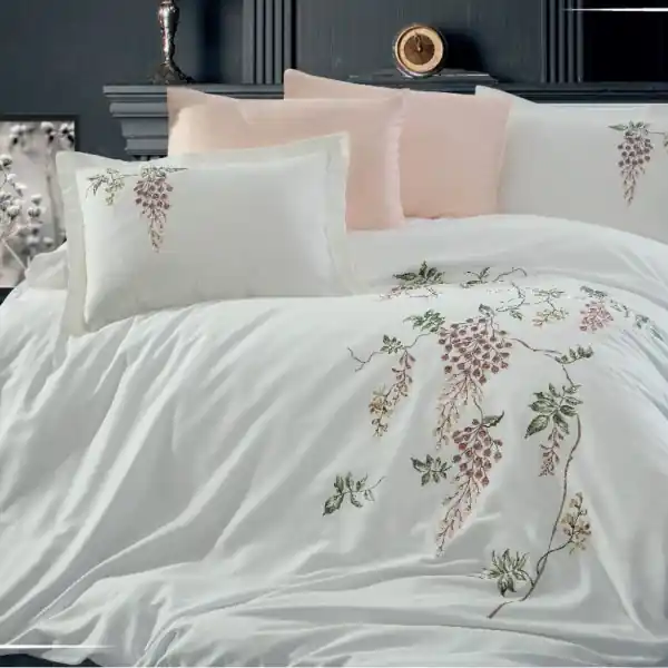 Lenjerie de pat cu broderie, bumbac 100%, pat 2 persoane, 6 piese, alb, Salkim Disponibil imediat
