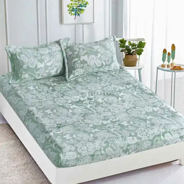 Ultima șansă Husa de pat Cocolino cu elastic si 2 fete de perna, pat 2 persoane, alb / verde menta, HCJ-81