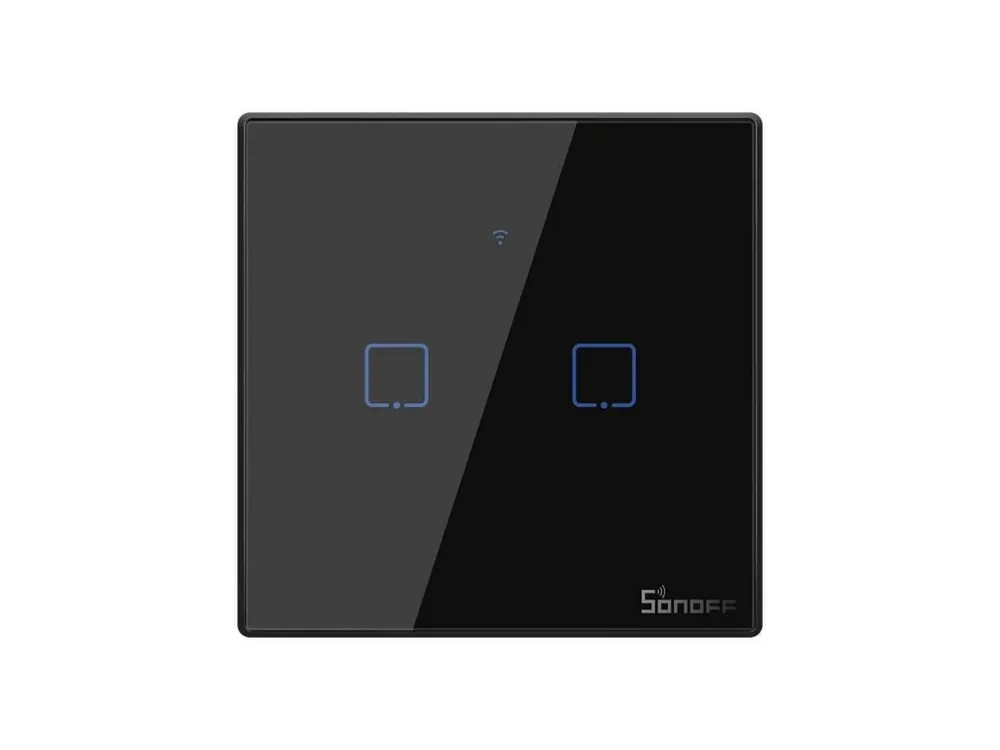 Disponibil imediat Smart 2-Switch negru WiFi + RF433 Sonoff tip T3EU2C-TX (2 canale), 2A, max. 480W, sticla securizata [IM190314019]