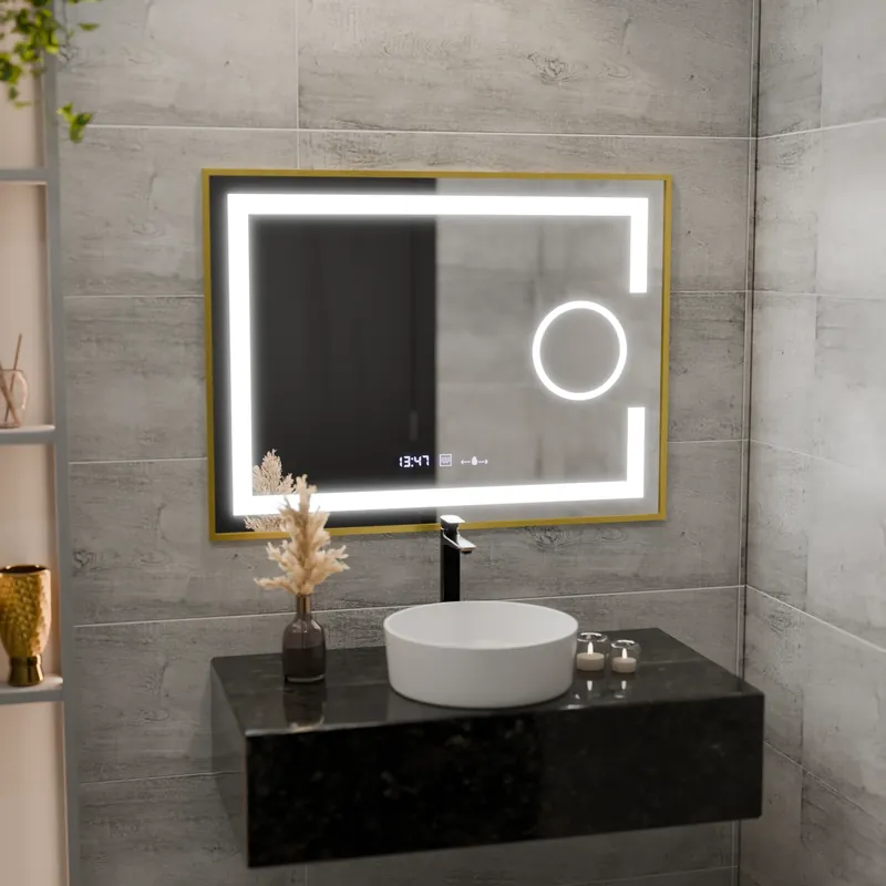 Ofertă limitată Oglinda LED Rectangulara, 80x60cm, Eclat MotionGlow Marcello, Sistem Dezaburire, Ceas & Termometru, Lupa Cosmetica, Dimabila, Rama Auriu Brushed