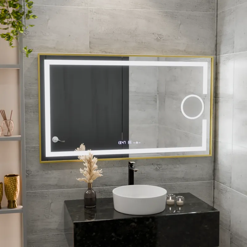 Oglinda LED Rectangulara, 120x80cm, Eclat MotionGlow Marcello, Sistem Dezaburire, Ceas & Termometru, Lupa Cosmetica, Dimabila, Rama Auriu Brushed Reducere extra
