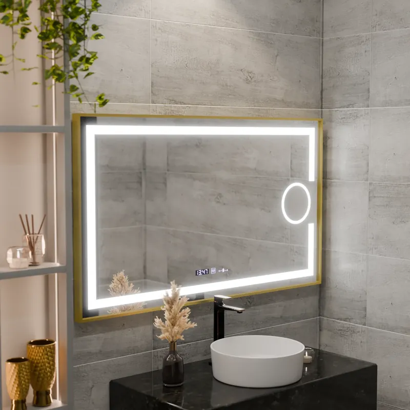 Oglinda LED Rectangulara, 110x65cm, Eclat MotionGlow Marcello, Sistem Dezaburire, Ceas & Termometru, Lupa Cosmetica, Dimabila, Rama Auriu Brushed Lichidare de stoc