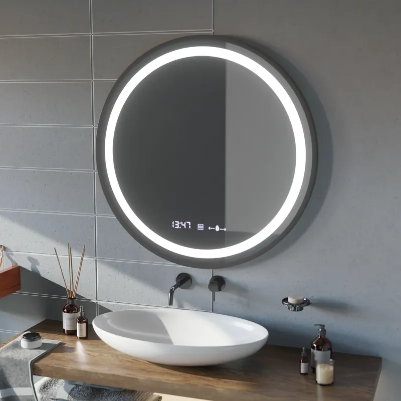Oglinda LED Rotunda, 100cm, Celeste Majesté Noir MotionGlow Marcello, Sistem Dezaburire, Ceas & Termometru, Dimabila Doar azi