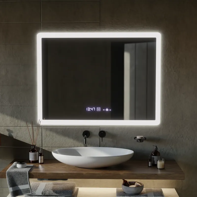 Reducere extra Oglinda LED Rectangulara, 80x60cm, ELANCEE Senzor MotionGlow Marcello, Sistem Dezaburire, Ceas & Termometru, Dimabila