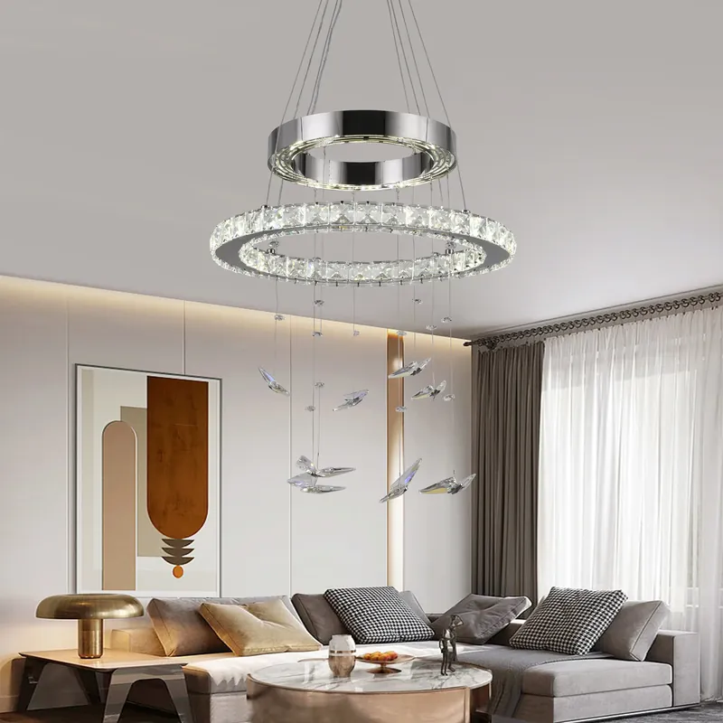 Expediere rapidă Lustra LED suspendata cu telecomanda si cristal 36W, 2 Cercuri, lumina Rece/Calda/Neutra, Dimabila, Crom Lucios, Inaltime Reglabila