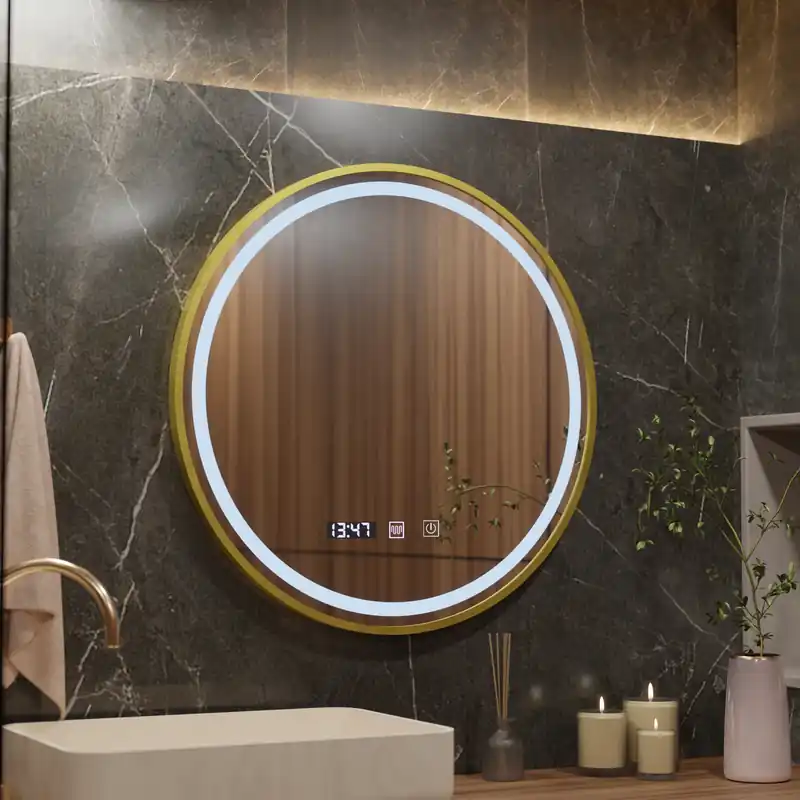 Oglinda LED Touch LUSSO Sistem Dezaburire, Ceas si Temperatura, 70 cm, rama Auriu Brushed Doar azi