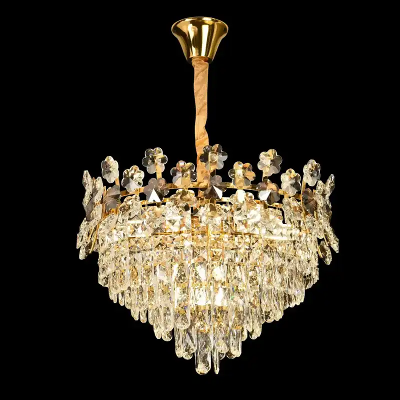 Preț promoțional Candelabru Cristal FLORENCE Eleganza 9x E14, Diametru 50cm, Auriu Lucios, Inaltime Reglabila
