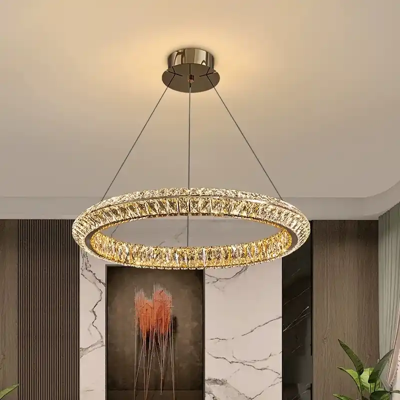 Ieftin Lustra LED cu Telecomanda, LLC132/500GD, Cristal si Metal, 26W, 1 Cerc, Dimabila, Inaltime Reglabila, Lumina Rece/Calda/Neutra, Iluminat Luxos
