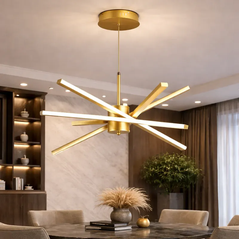 Lustra LED cu Telecomanda LT176/5GD, 69W, 5 Elemente, Lumina Rece/Clada/Neutra 3000K/4000K/6000K, Dimabila, Auriu, Inaltime Reglabila, Metal si Acril Comandă acum