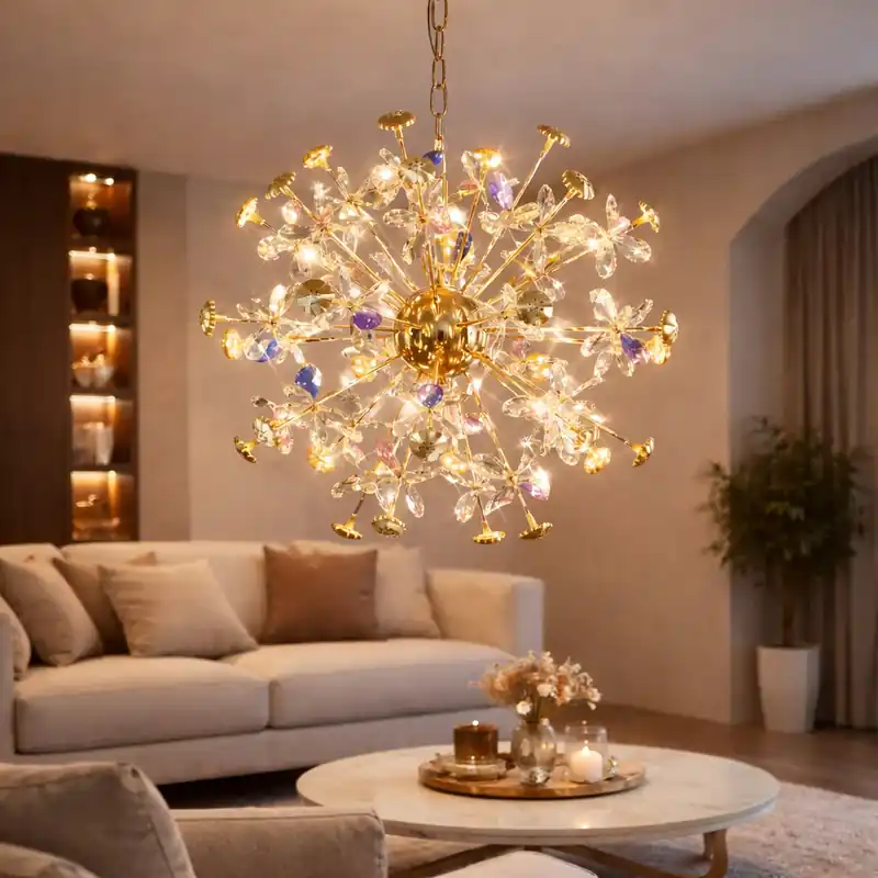 Candelabru Modern cu Cristal, FloraLux, 32xG4, Auriu si Cristale , 54.5cm, Inaltime Reglabila, Metal si Cristal Livrare expres