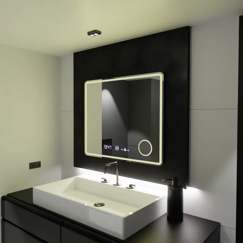 Preț redus Oglinda LED Rectangulara, 80x60cm, Riflesso MotionGlow Marcello, Sistem Dezaburire, Ceas & Termometru, Lupa Cosmetica, Dimabila