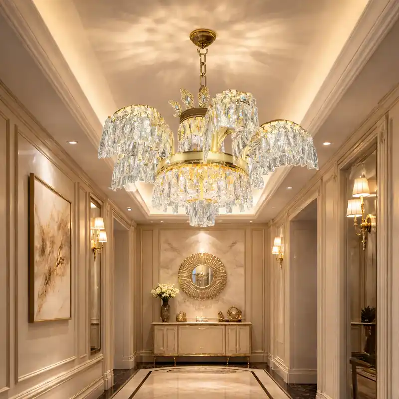Ofertă specială Candelabru Cristal PALACE, 6 brate, 12xG9, D69cm, Auriu Lucios, Inaltime Reglabila, Metal si Cristal