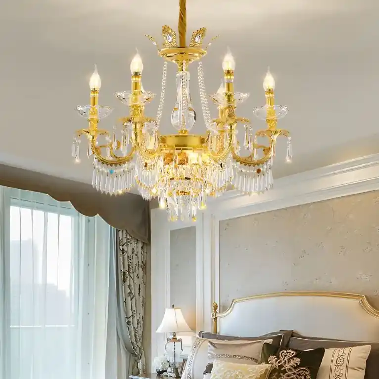 Candelabru Cristal 9xE14, D68cm, Auriu Lucios, Inaltime Reglabila, Metal si Cristal Cel mai vândut