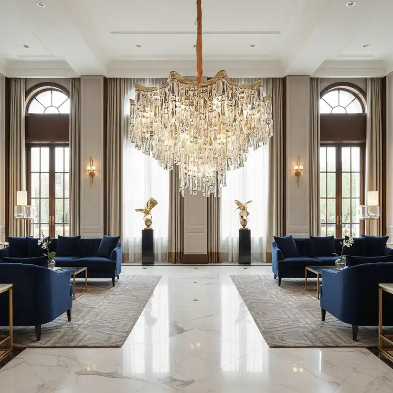 Premium Candelabru Cristal VETRA Eleganza 9xE14, D50 cm, Auriu, Inaltime Reglabila, Metal si Cristal