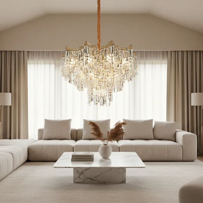 Nu rata Candelabru Cristal VETRA Magno 10xE14, D60 cm, Auriu, Inaltime Reglabila, Metal si Cristal