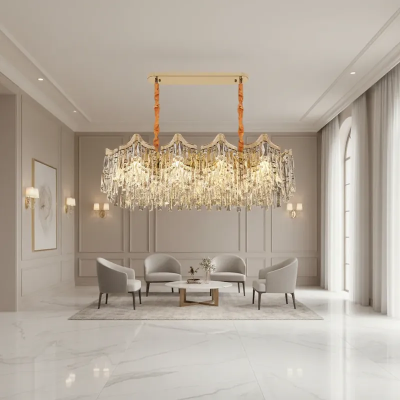 Candelabru Cristal VETRA Supremo 15xE14, 100x35 cm, Auriu, Inaltime Reglabila, Metal si Cristal Ieftin