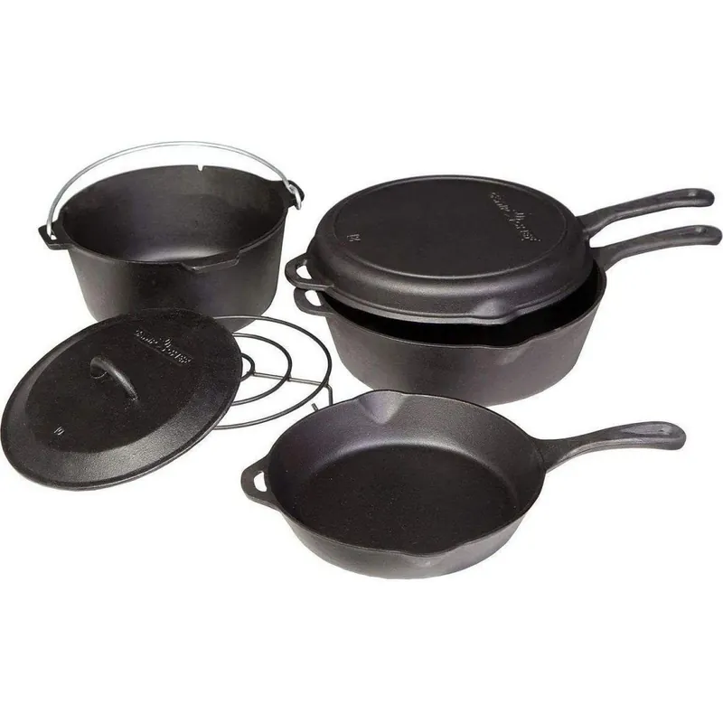 Set 6 vase fonta contine Ceaun, Tigaie clasica 25 cm, Tigaie inalta 25 cm, Tigaie adanca 25 cm, Capac, Suport Camp Chef CC-CBOX6 Preț mic