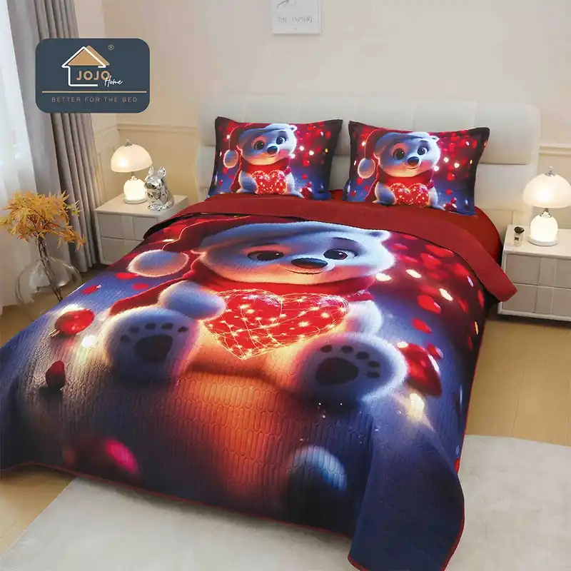 Set 3 Piese Cuvertura de Pat cu Imprimeu 5D + 2 Fete de Perna 50x70 cm - Inima Luminata - CVCJ_N030B Premium