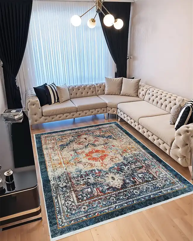 Mai ieftin Covor pentru Dormitor 160x230 cm - Model Turcesc Albastru cu Bej - CVHD017_160x230_CVH