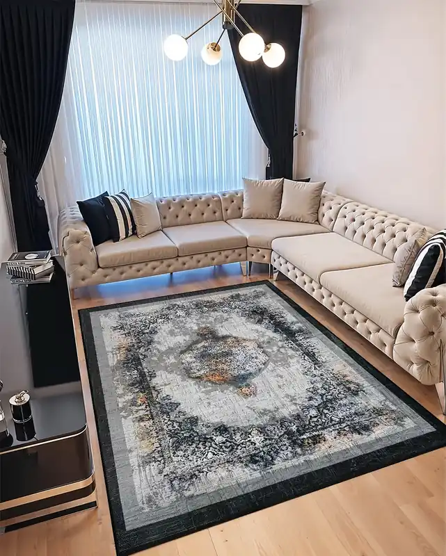 Ofertă specială Covor pentru Dormitor 80x150 cm - Model Regal Gri cu Negru - CVHD018_80x150_CVH