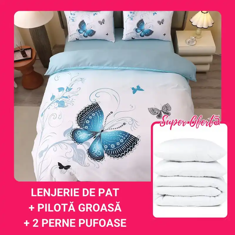 Set CADOU - Lenjerie din Finet 5D cu Elastic - 4 Piese + Pilota Groasa + 2 Perne 50x70 cm - Alba cu Fluturi Turcoaz - LFDEB_A101C Chilipir