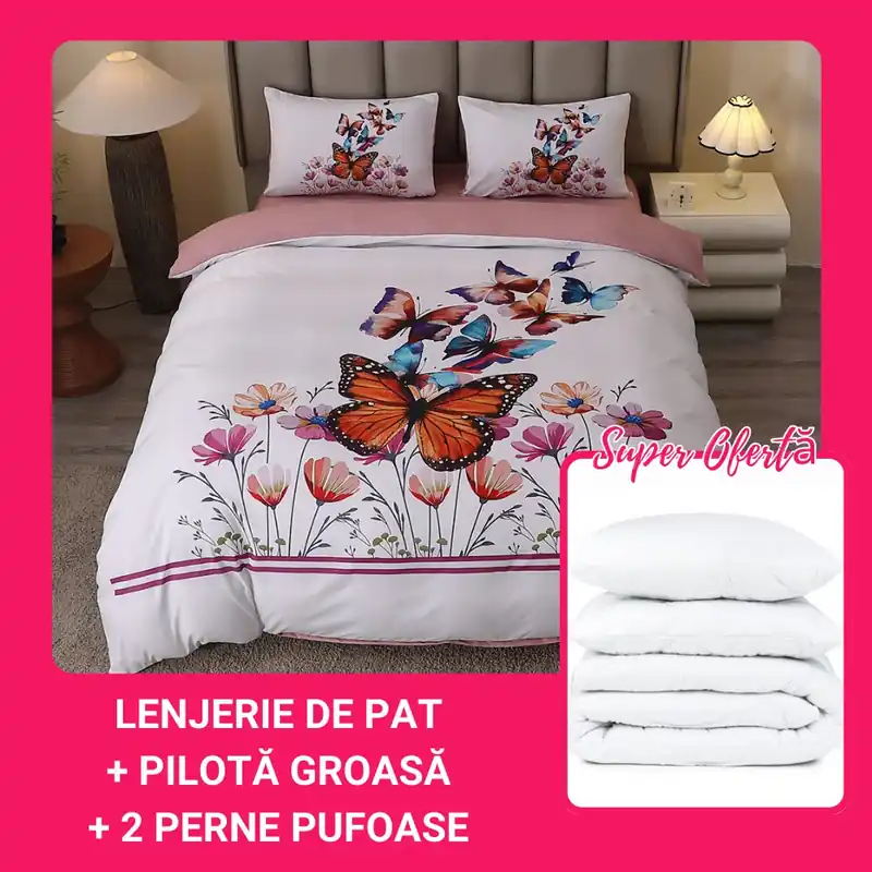 Set CADOU - Lenjerie din Finet 5D cu Elastic - 4 Piese + Pilota Groasa + 2 Perne 50x70 cm - Zborul Fluturilor prin Flori - LFDEB_A096C Reducere de preț