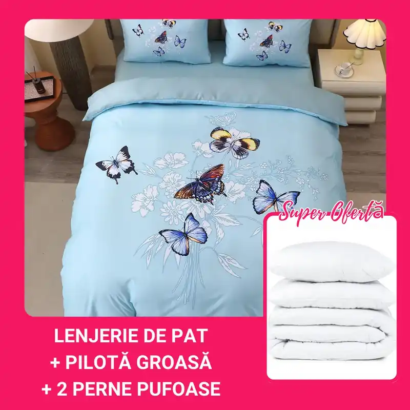 Preferatul clienților Set CADOU - Lenjerie din Finet 5D cu Elastic - 4 Piese + Pilota Groasa + 2 Perne 50x70 cm - Bleu cu Fluturasi - LFDEB_A097C