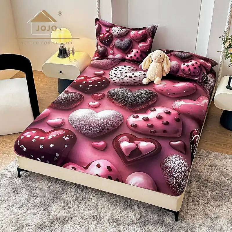 Cearceaf din Finet cu Elastic - 160/180x200 + 2 Fete Perna - Val de Inimi - CEFDJ_L174 Promoție