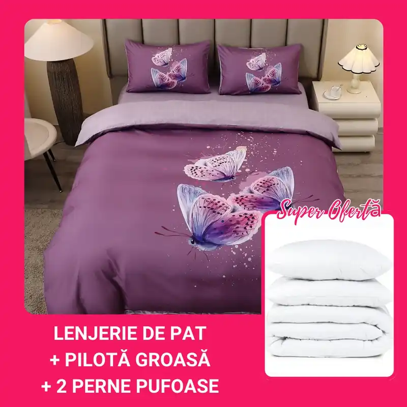 Ofertă de sezon Set CADOU - Lenjerie din Finet 5D cu Elastic - 4 Piese + Pilota Groasa + 2 Perne 50x70 cm - Mov cu Fluturasi - LFDEB_A098C