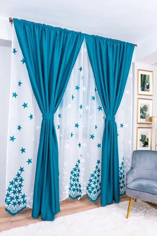 Set Marina - Perdea din In cu Stelute Turcoaz PERD082A_300x245_D1_04_ATL si Draperii Blackout Turcoaz BOTD001_100x245_C1_01_ATL cu Rejansa Set_ATL Retur gratuit