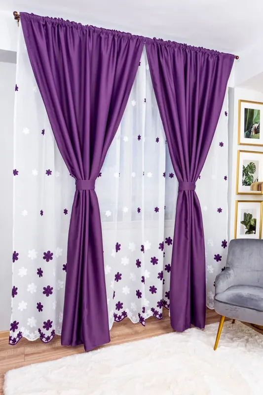 Set Claudia - Perdea cu Floricele Mov PERD090A_300x245_D2_09_ATL si Draperii Mov Royal BOTD013_145X245_C2_14_ATL cu Rejansa Set_ATL Mai ieftin