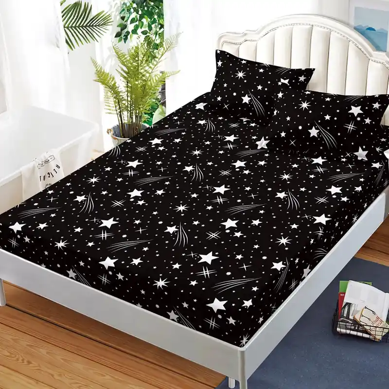 Cearceaf din Bumbac Satinat cu Elastic - 160x200 + 2 Fete Perna - Negru Ploaie de Stele - CEFN_K001B Bestseller